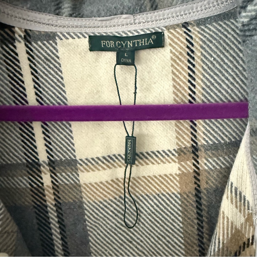 NWOT For Cynthia Plaid Fringe Jacket Coat L 3/4 Sleeve Buckle Snap Button Sz L - Picture 9 of 11